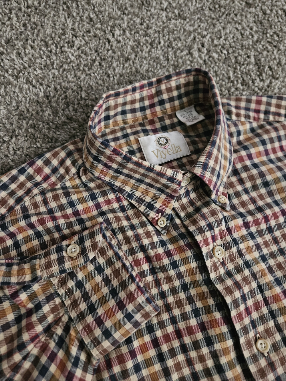 Vintage Viyella Mens Button Down Shirt Brown Cotton Wool Plaid Long Sleeve Large